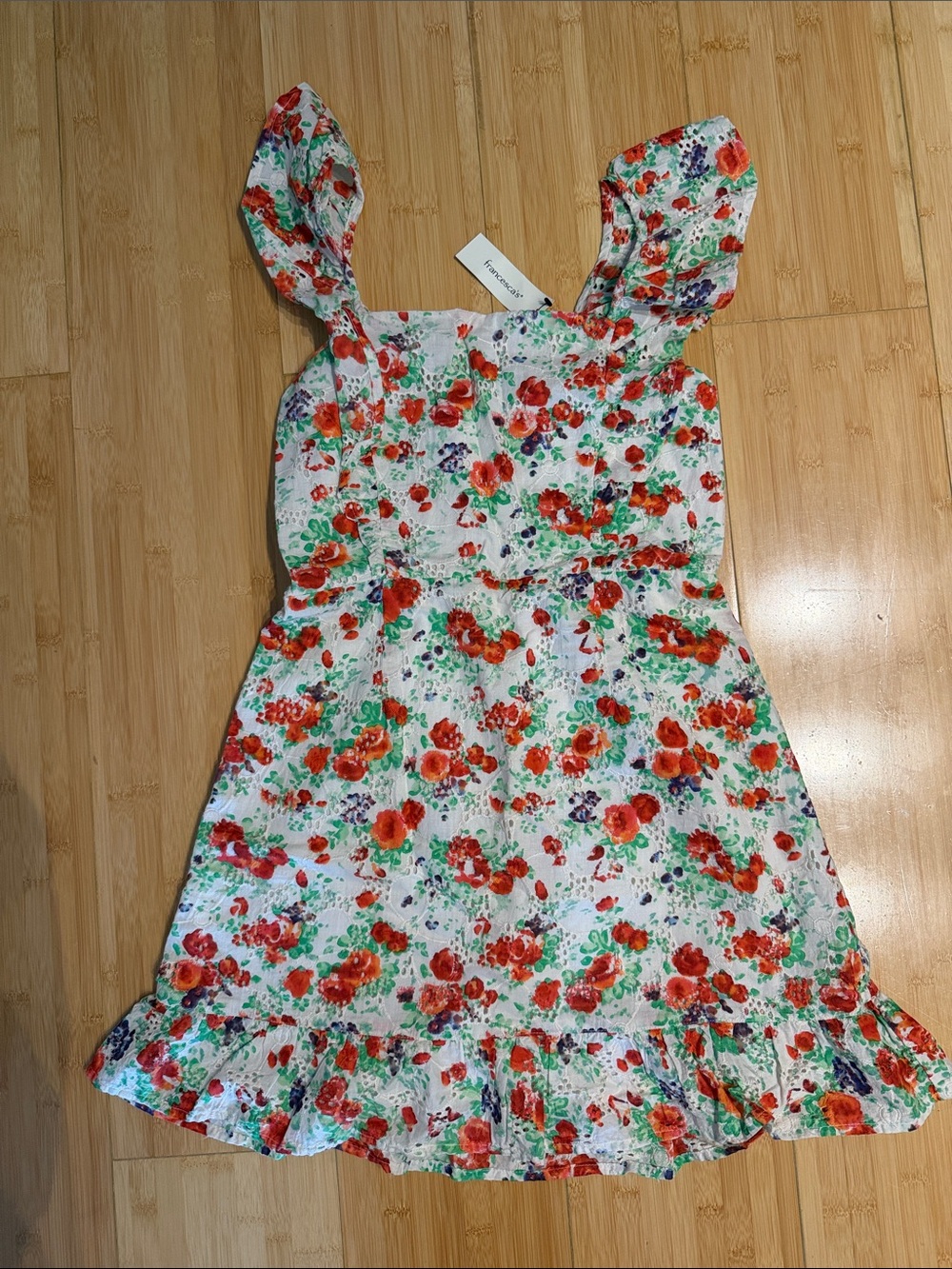 Blue Rain Floral Eyelet Ruffle Hem Sundress in White and Red
